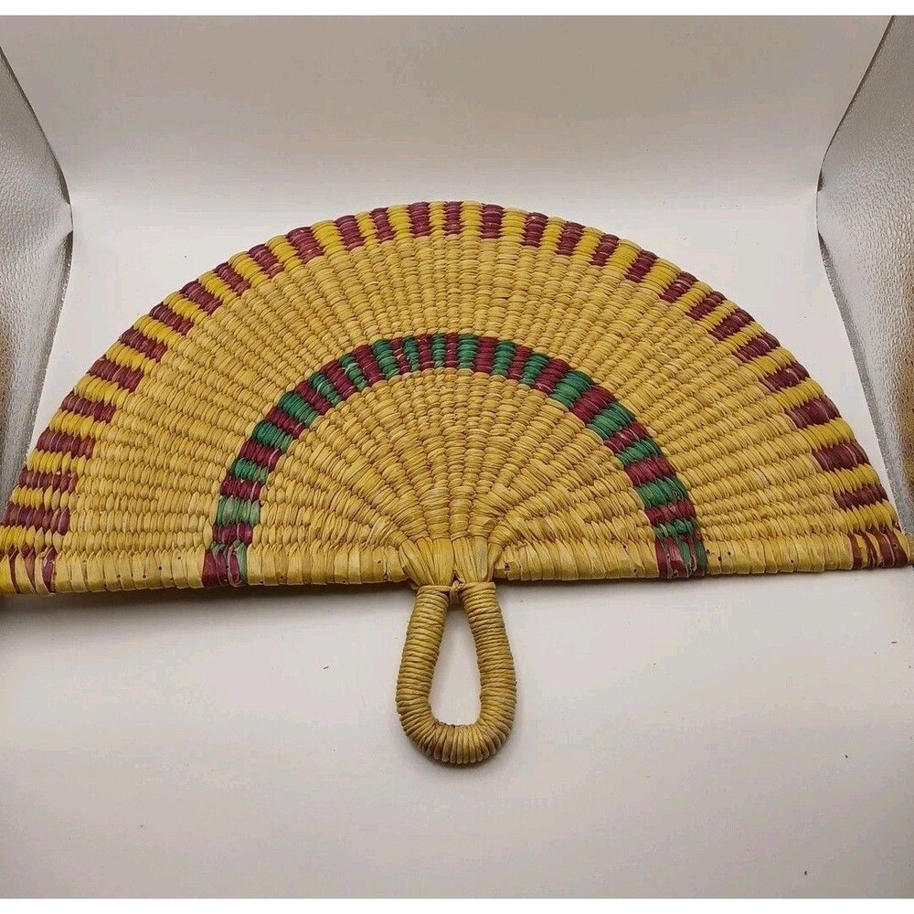 Woven Wicker Hand Fans Handmade Set of 2 Natural Straw Wicker Fan Boho Raffia - Picture 7 of 8